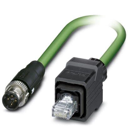 Phoenix Contact, 2m Cat5, Green M12 to Male RJ45 Male, Shielded Shielded, Terminated [1407521]; 255-8666