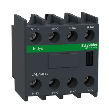 Schneider Electric Auxiliary Contact Block, 4 Contact, 4NO, Front Mount, TeSys LADN [LADN40G]; 256-4233