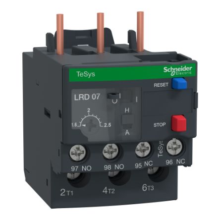 Schneider Electric Thermal Overload Relay 1 NO + 1 NC, 1.6 → 2.5 A F.L.C, 5 A Contact Rating, TeSys [LRD07L6]; 256-6662