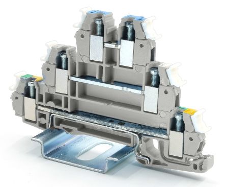 RS PRO 3-Way DIN Rail Earth Terminal Block, 2.5mm², 26 → 14 AWG Wire, Cage Clamp, PA 66 Housing [0]; 262-4220