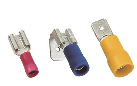 MECATRACTION Insulated Male Spade Connector, Preinsulated Male and Piggyback Disconnects, 6.3 x 0.8mm Tab Size [C100SQMA6,35]; 265-0425