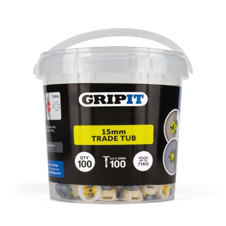 Gripit Yellow Plastic, Steel Plasterboard Fixings, 15mm fixing hole diameter [GP15100]; 265-9264