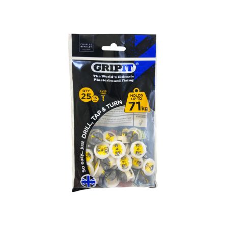 Gripit Yellow Plastic, Steel Plasterboard Fixings, 15mm fixing hole diameter [GP1525]; 265-9265