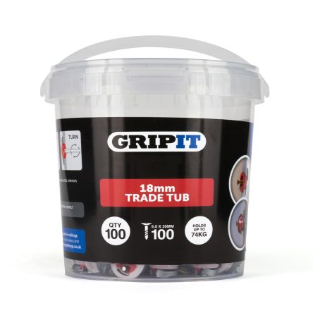 Gripit Red Plastic, Steel Plasterboard Fixings, 18mm fixing hole diameter [GP18100]; 265-9268