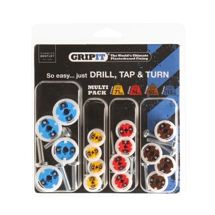 Gripit Blue, Brown, Red, Yellow Plastic, Steel Plasterboard Fixings, 15 / 18 / 20 / 25mm fixing hole diameter [GPMULTIPK]; 265-9285