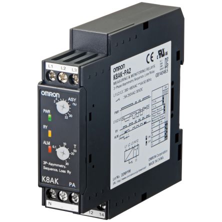 Omron Phase, Voltage Monitoring Relay, SPDT, 220 → 480V ac, DIN Rail [K8AK-PA2]; 266-0103