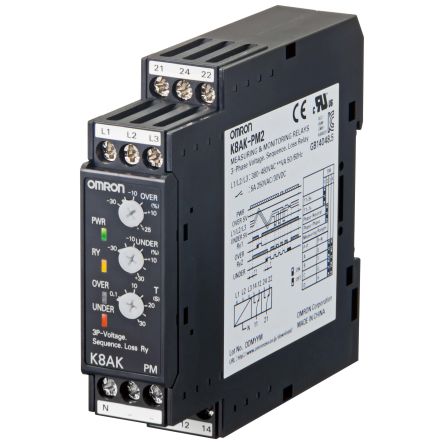 Omron Phase, Voltage Monitoring Relay, Three Phase, SPDT, 220 → 480V ac, DIN Rail [K8AK-PM2]; 266-0104