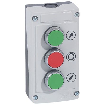 Legrand Push Button Control Station - SPST, SPST, Plastic, 3 Cutouts, Green, Red, Down Arrow, O, Up Arrow, IP66 [0 242 36]; 266-0296