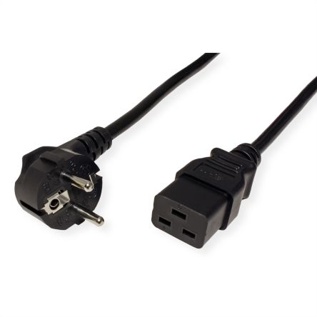 Roline Right Angle CEE 7/7 Plug to Straight IEC C19 Socket Power Cable, 3m [19.08.1553-10]; 266-0636