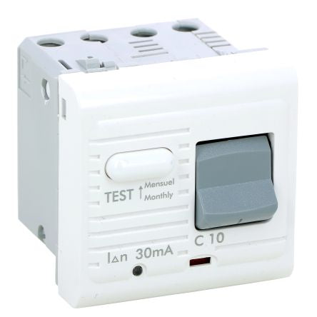Legrand RCBO, 10A Current Rating, 2P Poles, 30mA Trip Sensitivity, Type A, Mosaic Range [0 775 31]; 266-1189
