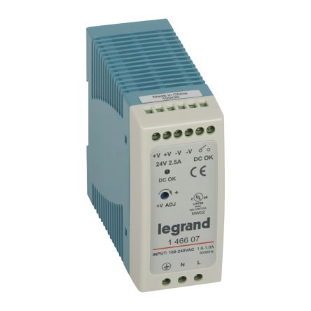 Legrand Switching Power Supply, 1 466 07, 24V dc, 2.5A, 60W, 100 → 240V ac Input Voltage [1 466 07]; 266-1237