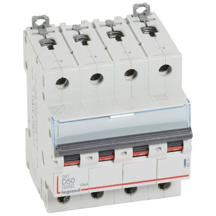 Legrand DX3 Circuit Breaker, 4P, 50A Curve D, 400V AC, 10 kA Breaking Capacity [408122]; 266-1335