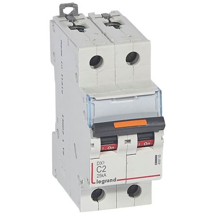 Legrand DX3 Circuit Breaker, 2P, 2A Curve C, 400V AC, 25 kA Breaking Capacity [409765]; 266-1342