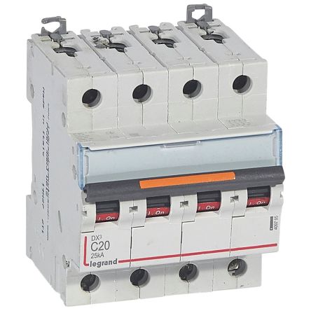 Legrand DX3 Circuit Breaker, 4P, 20A Curve C, 400V AC, 25 kA Breaking Capacity [409795]; 266-1343