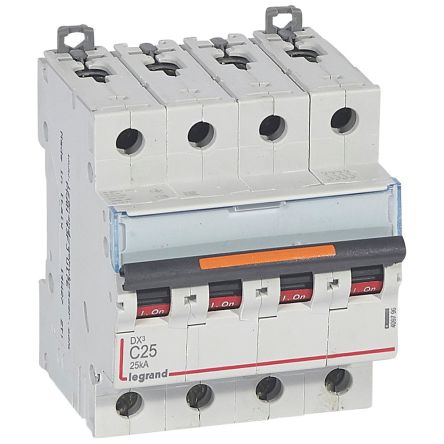 Legrand DX3 Circuit Breaker, 4P, 25A Curve C, 400V AC, 25 kA Breaking Capacity [409796]; 266-1344