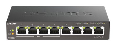 D-Link 8-Port Gigabit PoE Unmanaged Desktop Switch, Unmanaged 8 Port Gigabit Switch With PoE UK [DGS-1008P/B]; 266-1747