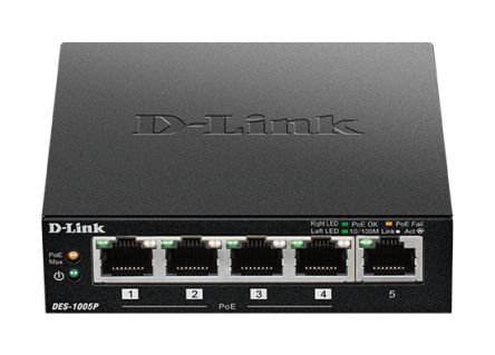 D-Link 5-Port Fast Ethernet PoE Unmanaged Desktop Switch, Unmanaged 5 Port Ethernet Switch With PoE EU [DES-1005P/E]; 268-1528