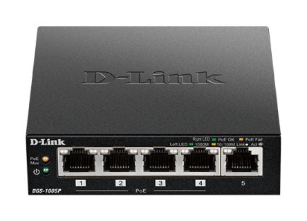 D-Link 5-Port Desktop Gigabit PoE+ Switch, Unmanaged 5 Port Gigabit Switch With PoE EU [DGS-1005P/E]; 268-1533