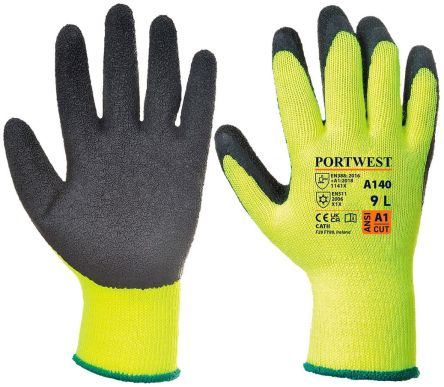 Portwest A140BK Yellow Acrylic Thermal Gloves, Size 7, Latex Coating [A140BKRS]; 268-1901