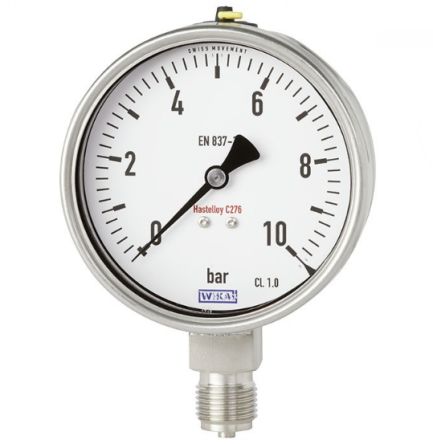 WIKA NPT 1/2 Analogue Pressure Gauge 10bar Back Entry 100mm Outside Diameter [48796310]; 268-5653