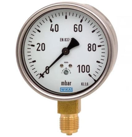 WIKA G 1/2 Analogue Pressure Gauge 0mbar Bottom Entry 100mm Outside Diameter [47209071]; 268-5965