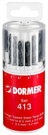 Dormer 13-Piece Jobber Drill Set, 6.5mm Max, 1.5mm Min [A191413]; 268-6535