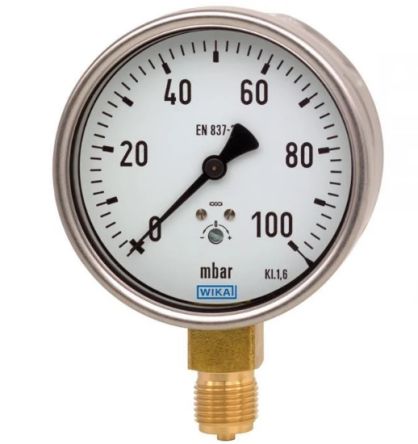 WIKA G 1/2 Analogue Pressure Gauge 60mbar Bottom Entry 144 x 72mm Outside Diameter [48766729]; 268-8168