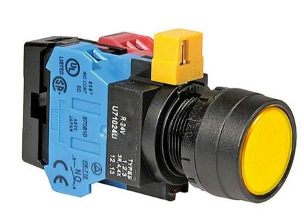 Idec HW Series Series Illuminated Push Button, Momentary, Panel Mount, 22.3mm Cutout, SPST, Yellow LED, 24V ac/dc, [HW1L-M110Q4Y]; 269-3016