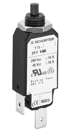 Schurter TA11 Thermal Circuit Breaker - T11-211  Single Pole 240V ac Voltage Rating Universal Mount, 6A Current Rating [4400.0050]; 269-3820