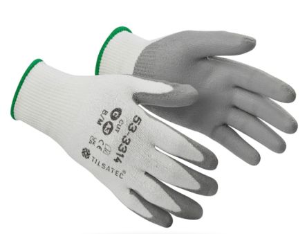 Tilsatec 53-3314 White/Grey Yarn Cut Resistant Work Gloves, Size 7, Polyurethane Coating [53-3314/07]; 269-4161