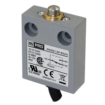 RS PRO Plunger Limit Switch, 1NC/1NO, IP67, SPDT, Zinc Alloy Housing, 240V ac ac Max, 3A Max [0]; 269-5432