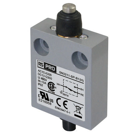 RS PRO Plunger Limit Switch, 1NC/1NO, IP67, SPDT, Zinc Alloy Housing, 240V ac ac Max, 3A Max [0]; 269-5435