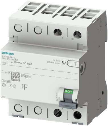 Siemens RCCB, 25A, 2 Pole, 30mA, Type F, 230V [5SV3322-3KK60]; 269-9754