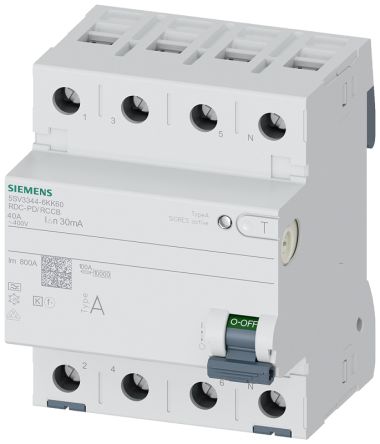 Siemens SENTRON RCCB, 40A, 4 Pole, 30mA, Type A, 400V [5SV3344-6KK60]; 269-9761