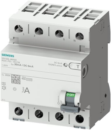 Siemens RCCB, 63A, 4 Pole, 30mA, Type F, 400V [5SV3346-3KK60]; 269-9762