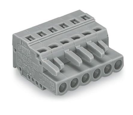 WAGO 231 Series PCB Terminal, 6-Contact, 5mm Pitch, Cable Mount, 1-Row, Cage Clamp Termination [231-106/026-000]; 271-0220