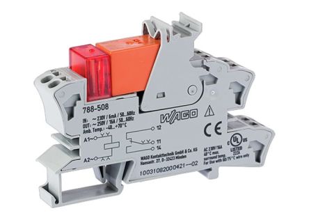 WAGO Relay Module, DIN Rail Mount, 230V ac Coil, SPDT, 1-Pole, 16A Load [788-508]; 271-0340