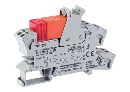 WAGO 788 Series Relay Module, DIN Rail Mount, 230V ac Coil, DPDT, 2-Pole, 8A Load [788-516]; 271-0342