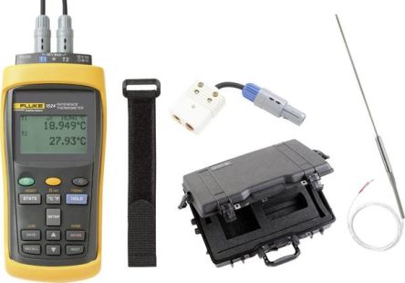 Fluke calibration 1524 Handheld Digital Thermometer for Industrial Use, E, J, K, N, R, S, T Probe, 2 Input(s), +60°C [1524-P4-256]; 271-2842