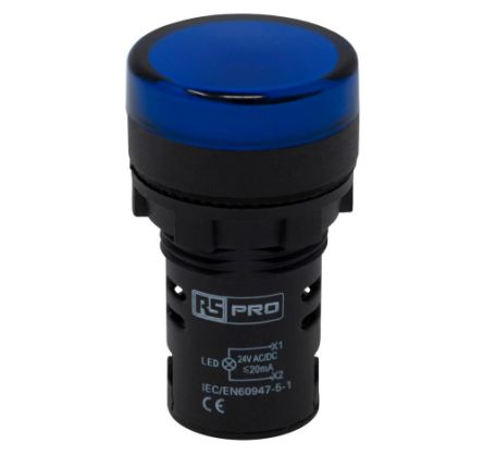 RS PRO, Panel Mount Blue LED Pilot Light, 22mm Cutout, IP65, Round, 24V ac/dc [0]; 271-7480