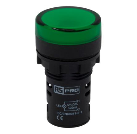 RS PRO, Panel Mount Green LED Pilot Light, 22mm Cutout, IP65, Round, 12V ac/dc [0]; 271-7481