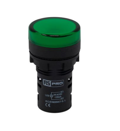 RS PRO, Panel Mount Green LED Pilot Light, 22mm Cutout, IP65, Round, 24V ac/dc [0]; 271-7482