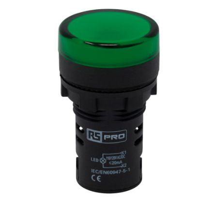 RS PRO, Panel Mount Green LED Pilot Light, 22mm Cutout, IP65, Round, 110V ac/dc [0]; 271-7483