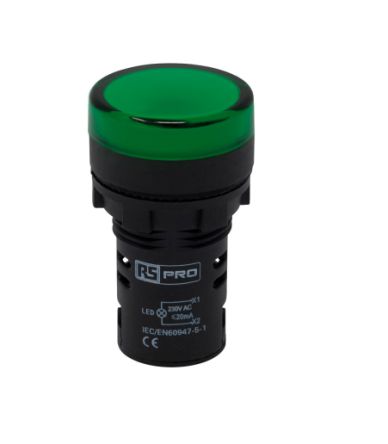 RS PRO, Panel Mount Green LED Pilot Light, 22mm Cutout, IP65, Round, 230V ac [0]; 271-7484