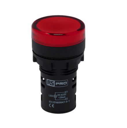 RS PRO, Panel Mount Red LED Pilot Light, 22mm Cutout, IP65, Round, 24V ac/dc [0]; 271-7487