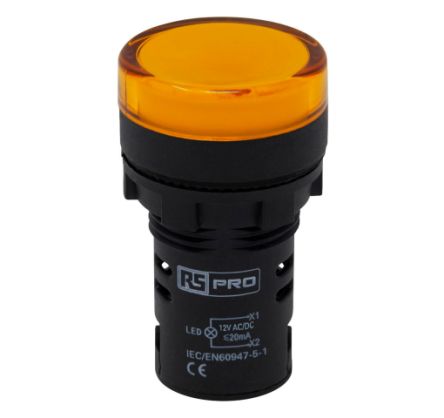 RS PRO, Panel Mount Yellow LED Pilot Light, 22mm Cutout, IP65, Round, 12V ac/dc [0]; 271-7492