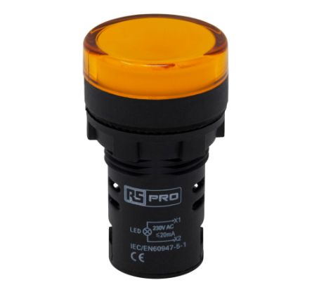 RS PRO, Panel Mount Yellow LED Pilot Light, 22mm Cutout, IP65, Round, 230V ac [0]; 271-7495