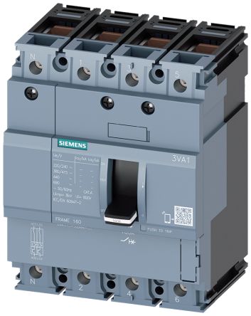Siemens, SENTRON MCCB Molded Case Circuit Breaker 4P 16A, Breaking Capacity 36 kA, DIN Rail Mount [3VA1196-4GD46-0AA0]; 271-9458