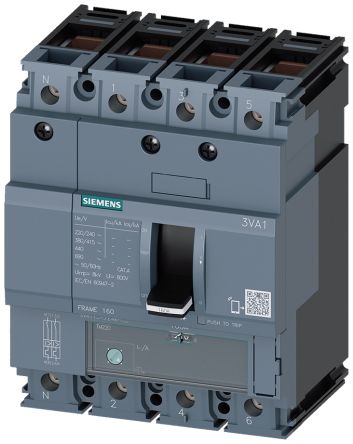 Siemens, SENTRON MCCB Molded Case Circuit Breaker 4P 100A, Breaking Capacity 36 kA, DIN Rail Mount [3VA11104GE460AA0]; 271-9666