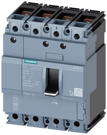 Siemens, SENTRON MCCB Molded Case Circuit Breaker 4P 160A, Breaking Capacity 55 kA, DIN Rail Mount [3VA1116-5FD42-0AA0]; 271-9785